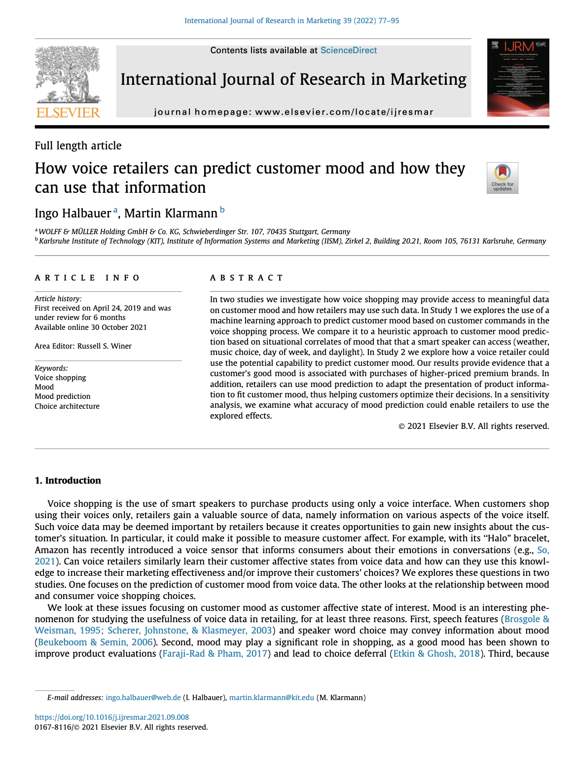 Titelblatt eines wissenschaftlichen Artikels über Vorhersage der Kundemotivation durch Voice Retailer.